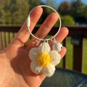 NEW White Flower Yarn Keychain with Bell BAG CHARM